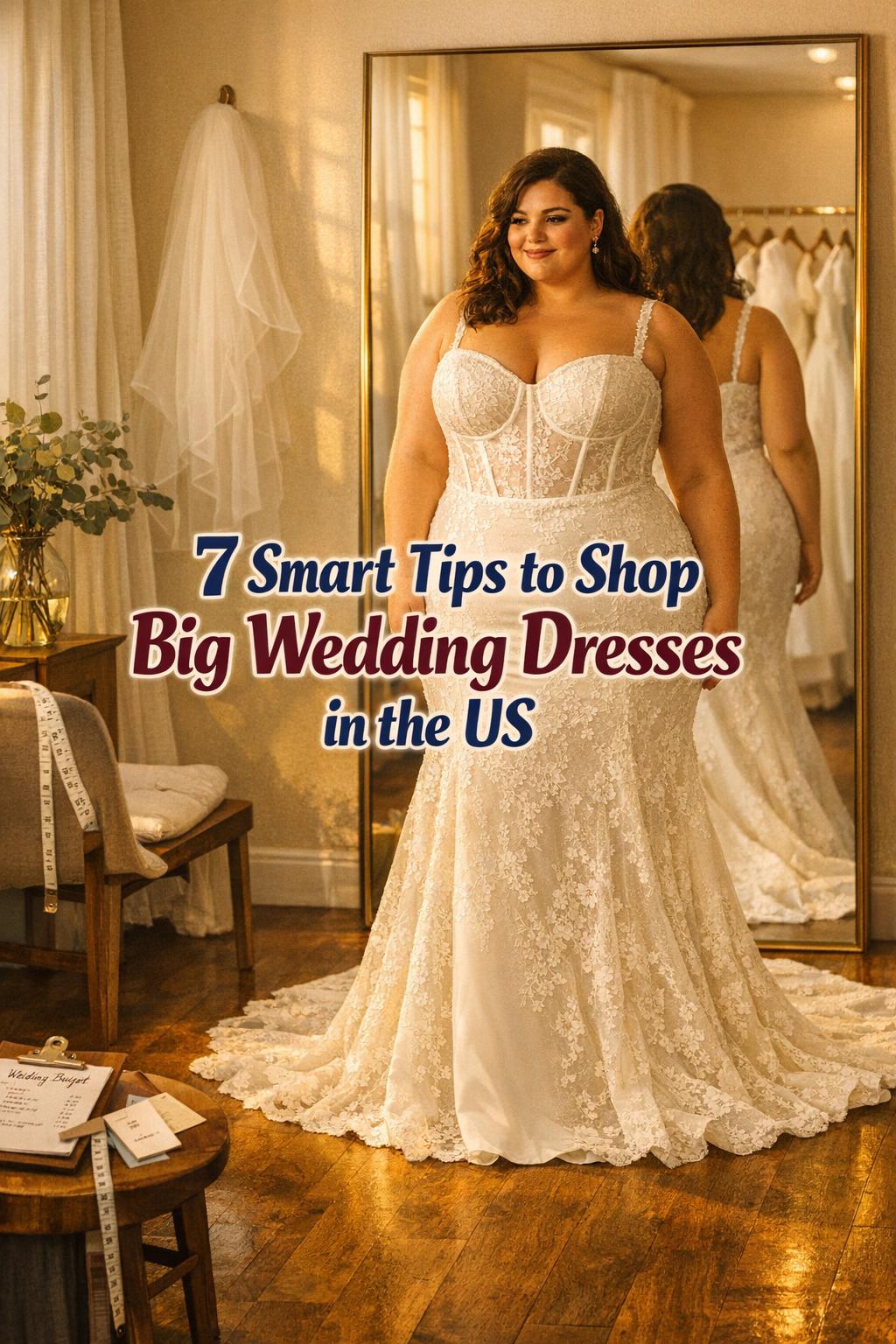 Plus-size bride trying on big wedding dresses in a bridal boutique mirror, golden-hour light, lace satin gown with tips text