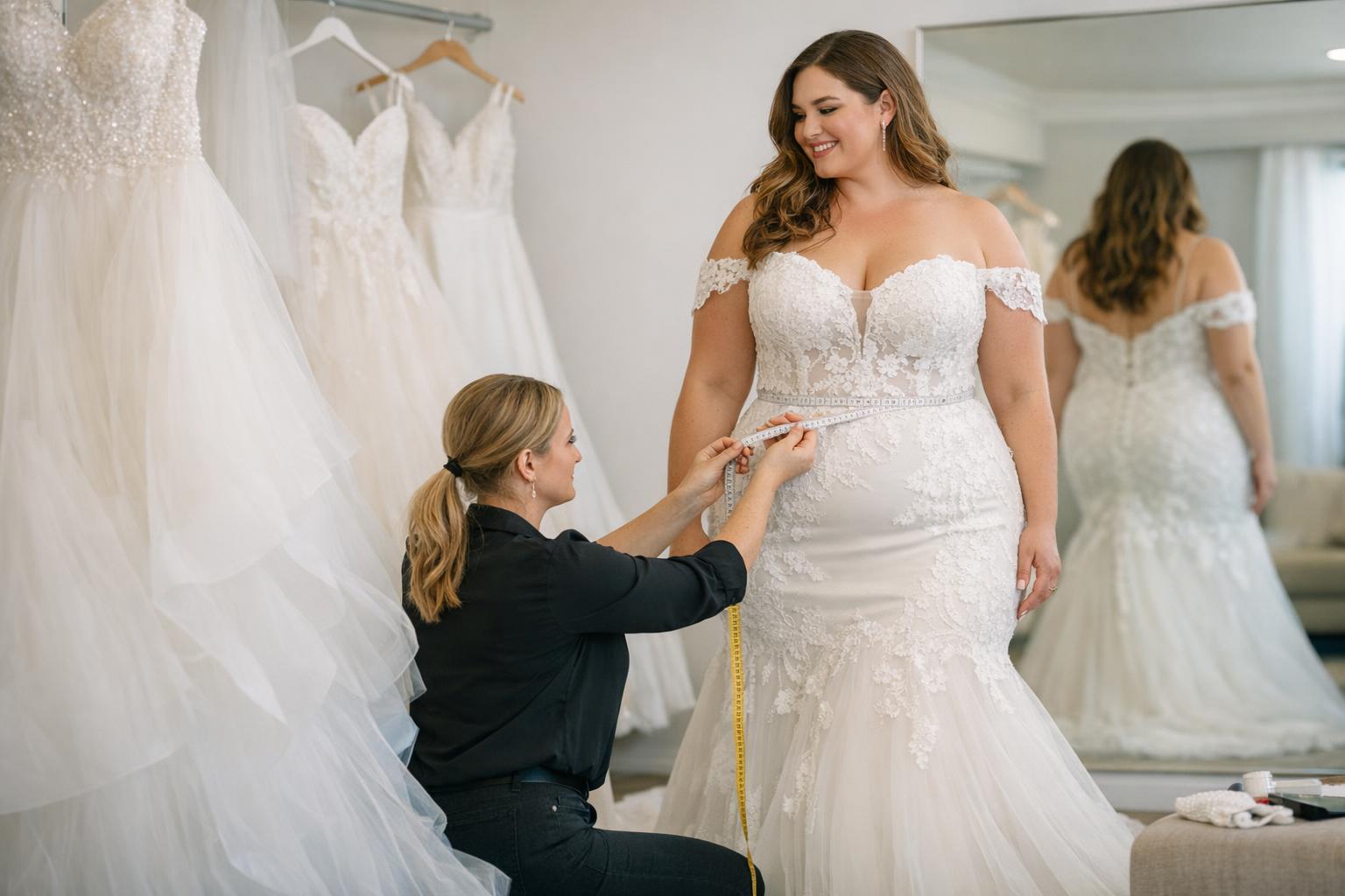 Bride trying on big wedding dresses in a US bridal boutique, checking fit and support in a flattering plus-size gown