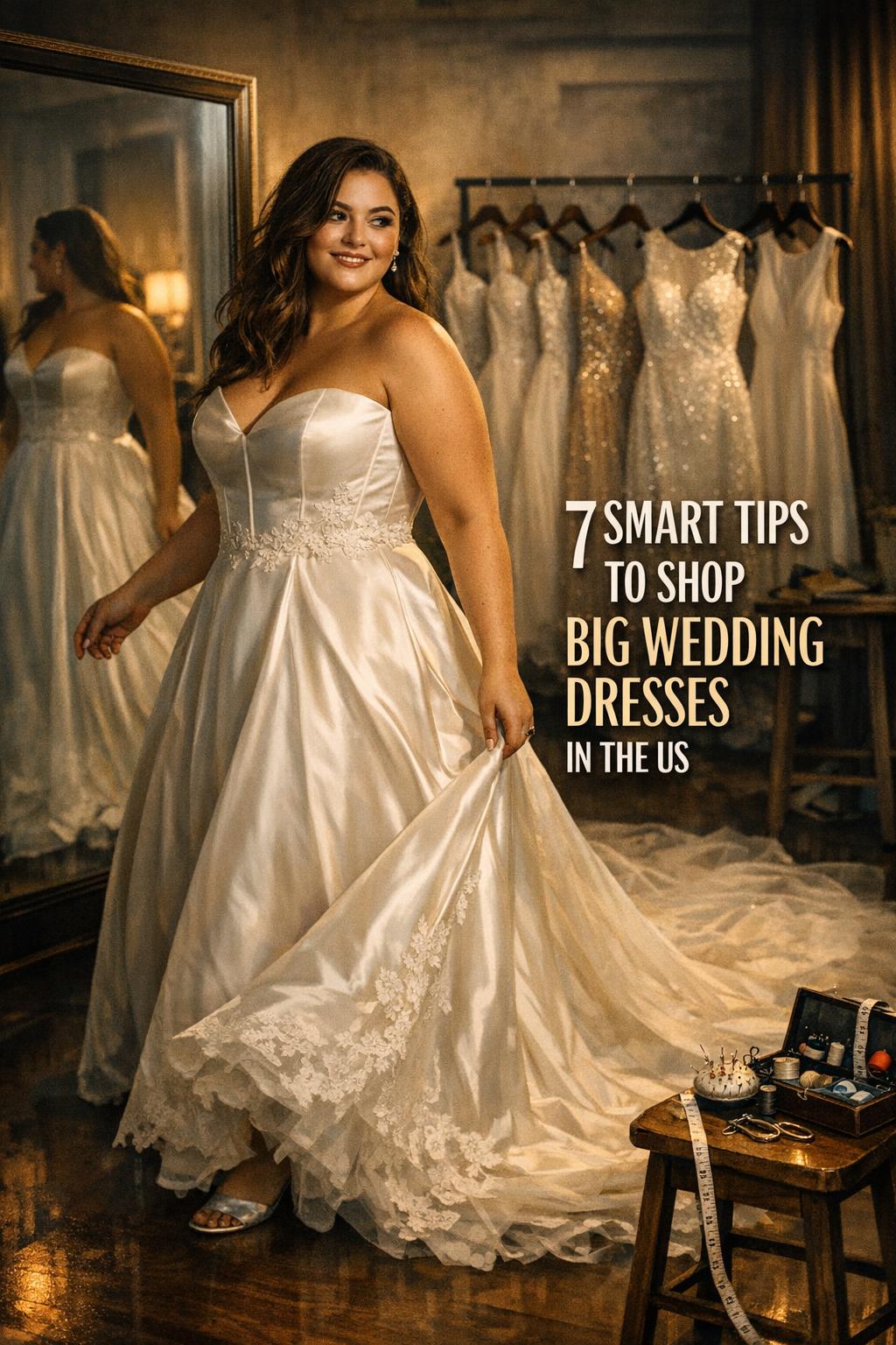 Plus-size bride in satin A-line gown testing fit in bridal boutique, shopping big wedding dresses with mirror and rack.