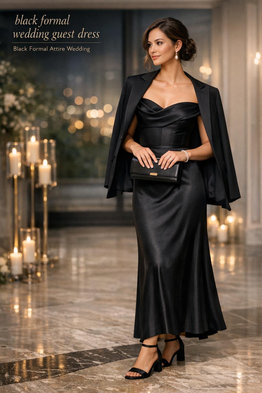 Chic wedding guest in a black formal wedding guest dress with off-shoulder detail in a candlelit modern ballroom foyer.