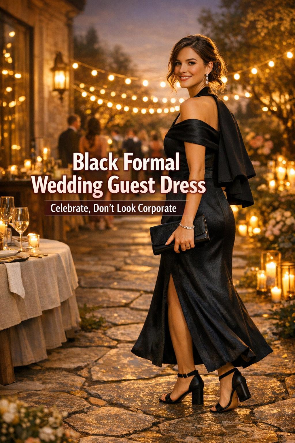 Black formal wedding guest dress on a stylish woman at a candlelit city ballroom terrace during golden hour, mid-step with clutch