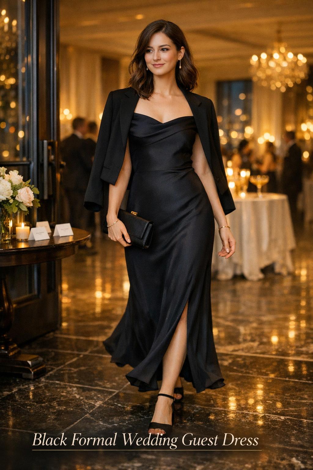 Woman in a black formal wedding guest dress walking through a candlelit city wedding venue foyer into a glowing ballroom