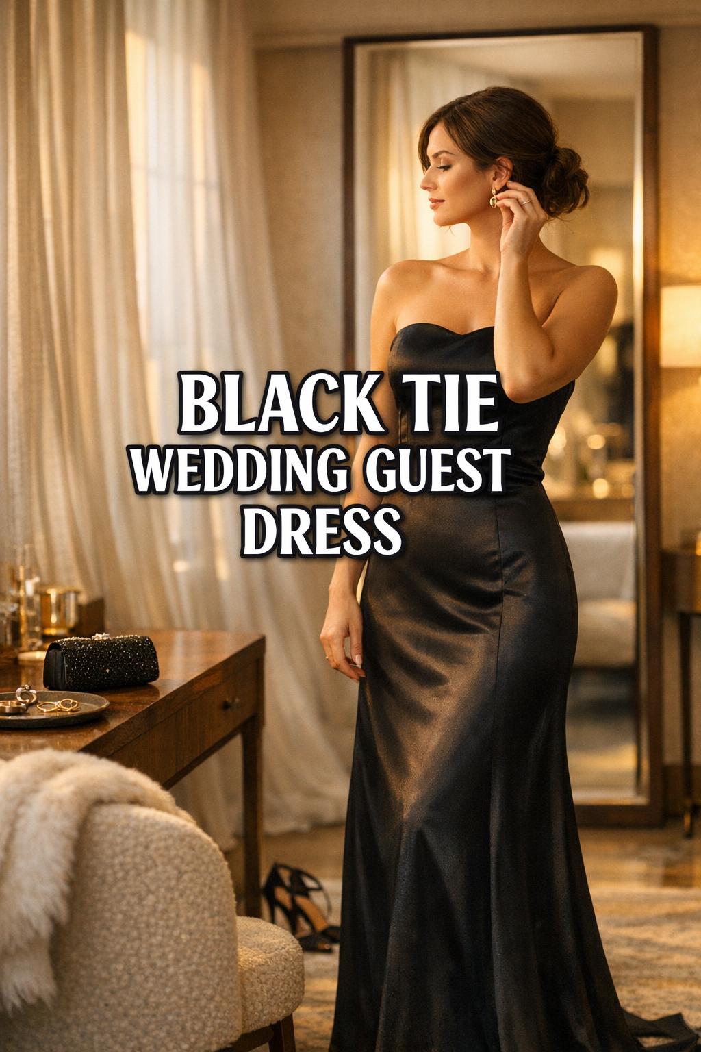 Black tie wedding guest dress styling in a warm hotel suite, woman adjusting earring in mirror at golden hour