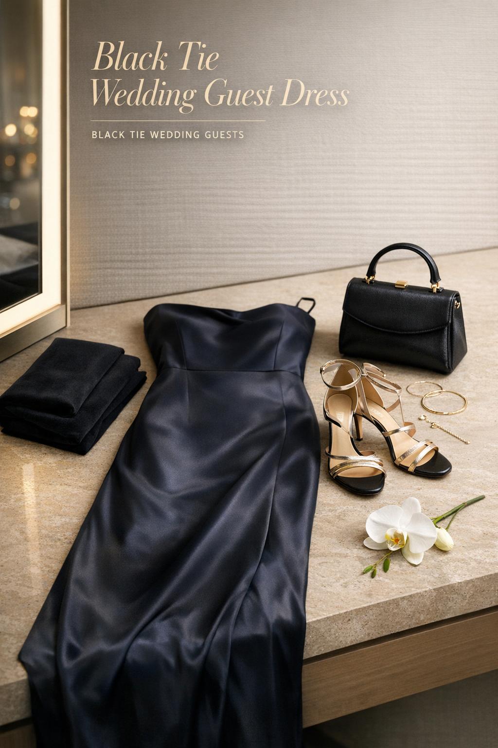 Black tie wedding guest dress outfit flat lay with satin gown, strappy heels, clutch, gold jewelry in luxe hotel suite