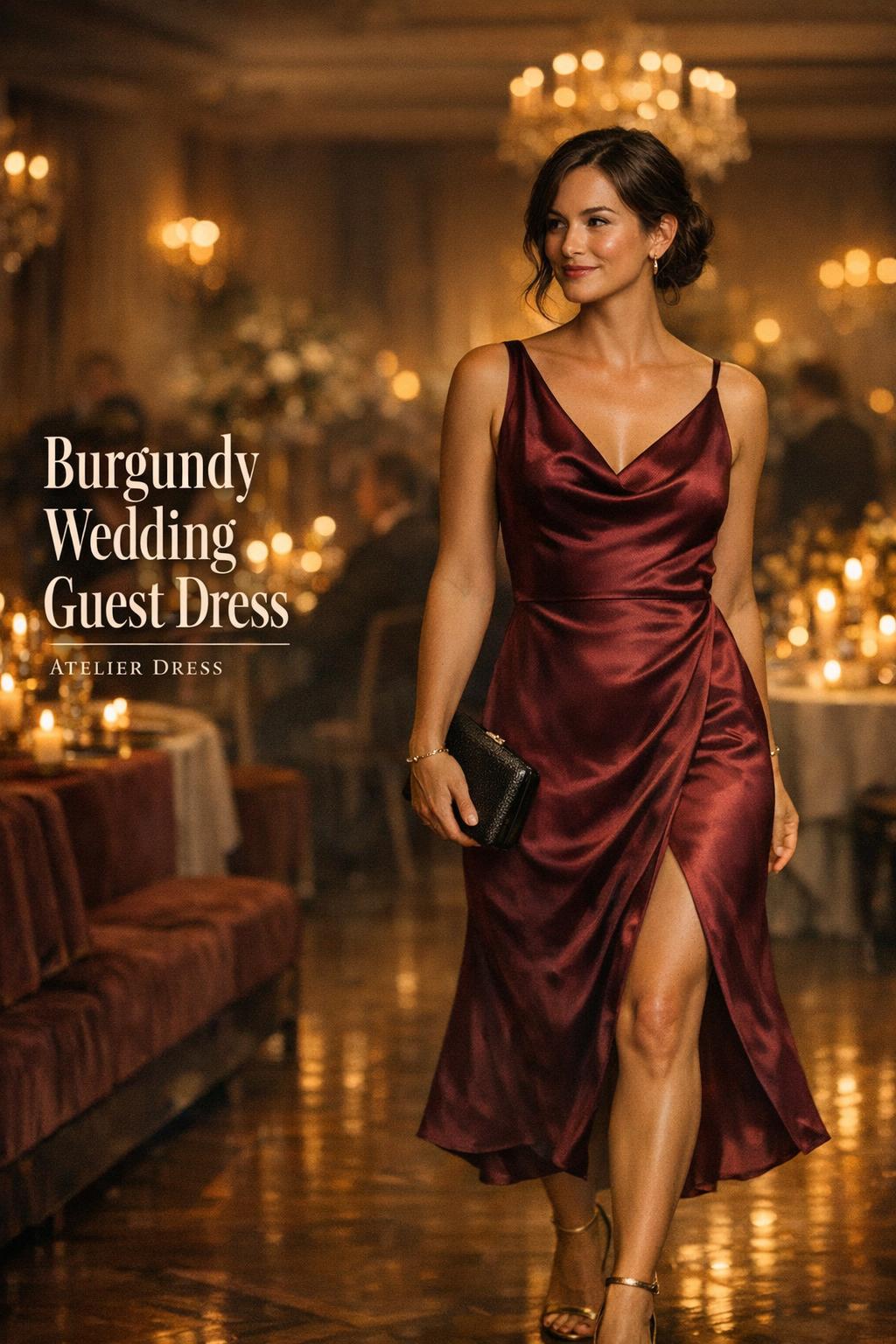Burgundy wedding guest dress in candlelit luxury ballroom, satin merlot gown with bokeh chandeliers and elegant reception mood
