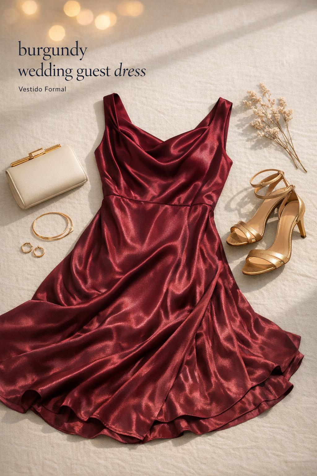 Burgundy wedding guest dress flatlay with gold heels, neutral clutch and minimal jewelry on ivory linen in soft daylight