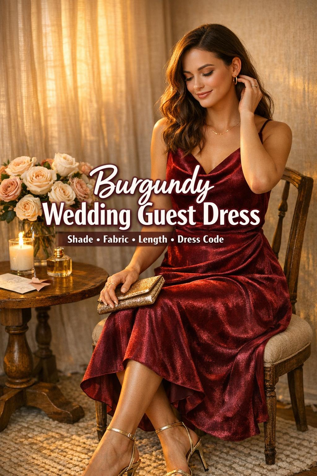 Burgundy wedding guest dress in golden-hour getting-ready scene with satin midi, gold heels, and blush roses in a sunlit room