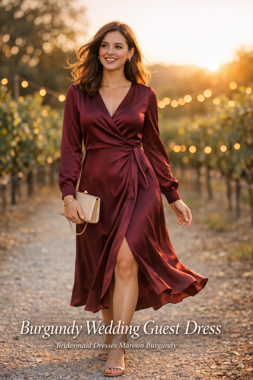 Burgundy wedding guest dress in golden-hour vineyard, stylish woman walking on gravel path with twinkle lights in soft bokeh