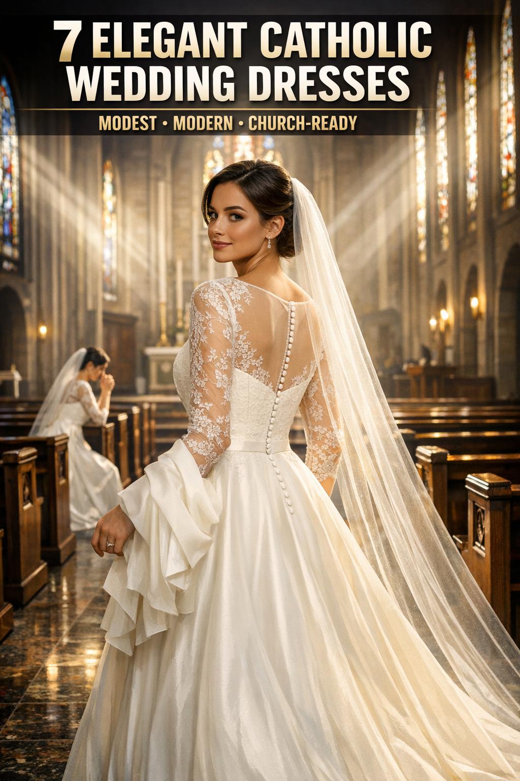 Catholic wedding dresses photographed in a church aisle, featuring elegant lace gowns and long veils at the altar