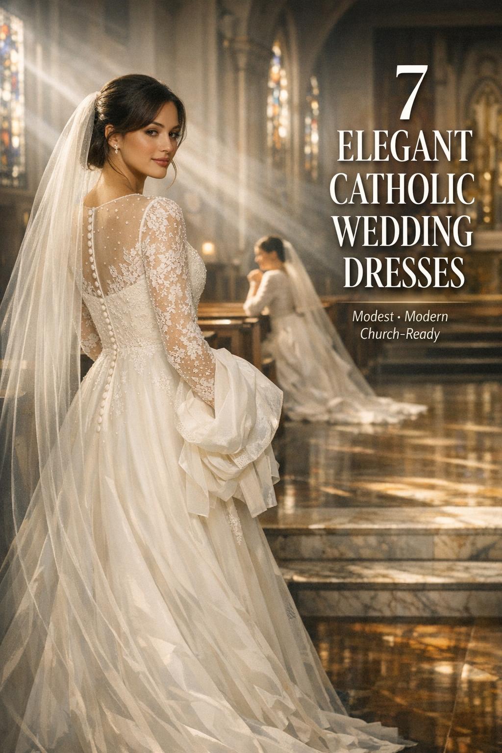 Catholic wedding dresses in a bright church aisle, modest modern lace gown with cathedral veil and cinematic sunbeams