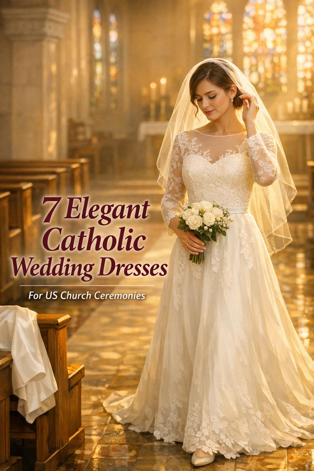 Bride adjusting veil in sunlit Catholic church aisle, showcasing elegant catholic wedding dresses with lace sleeves