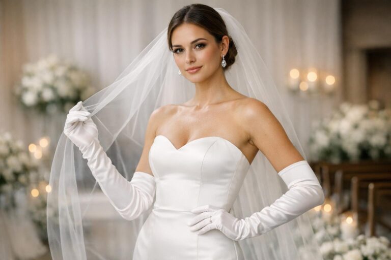 Bride in a modern satin gown wearing opera gloves, chic wedding dresses with gloves styling for a classic ceremony look