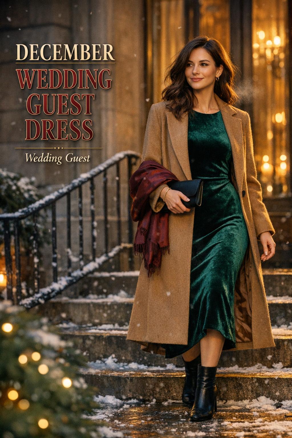 December wedding guest dress in emerald velvet with camel coat, photographed outside a city venue at dusk with winter glow.