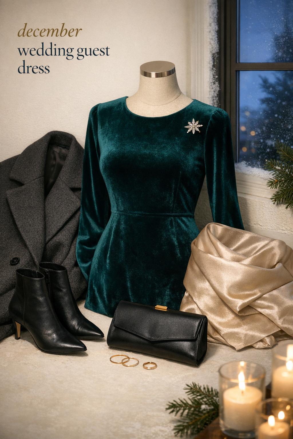 December wedding guest dress flat lay with emerald velvet midi, camel coat, black clutch, boots by candlelit window