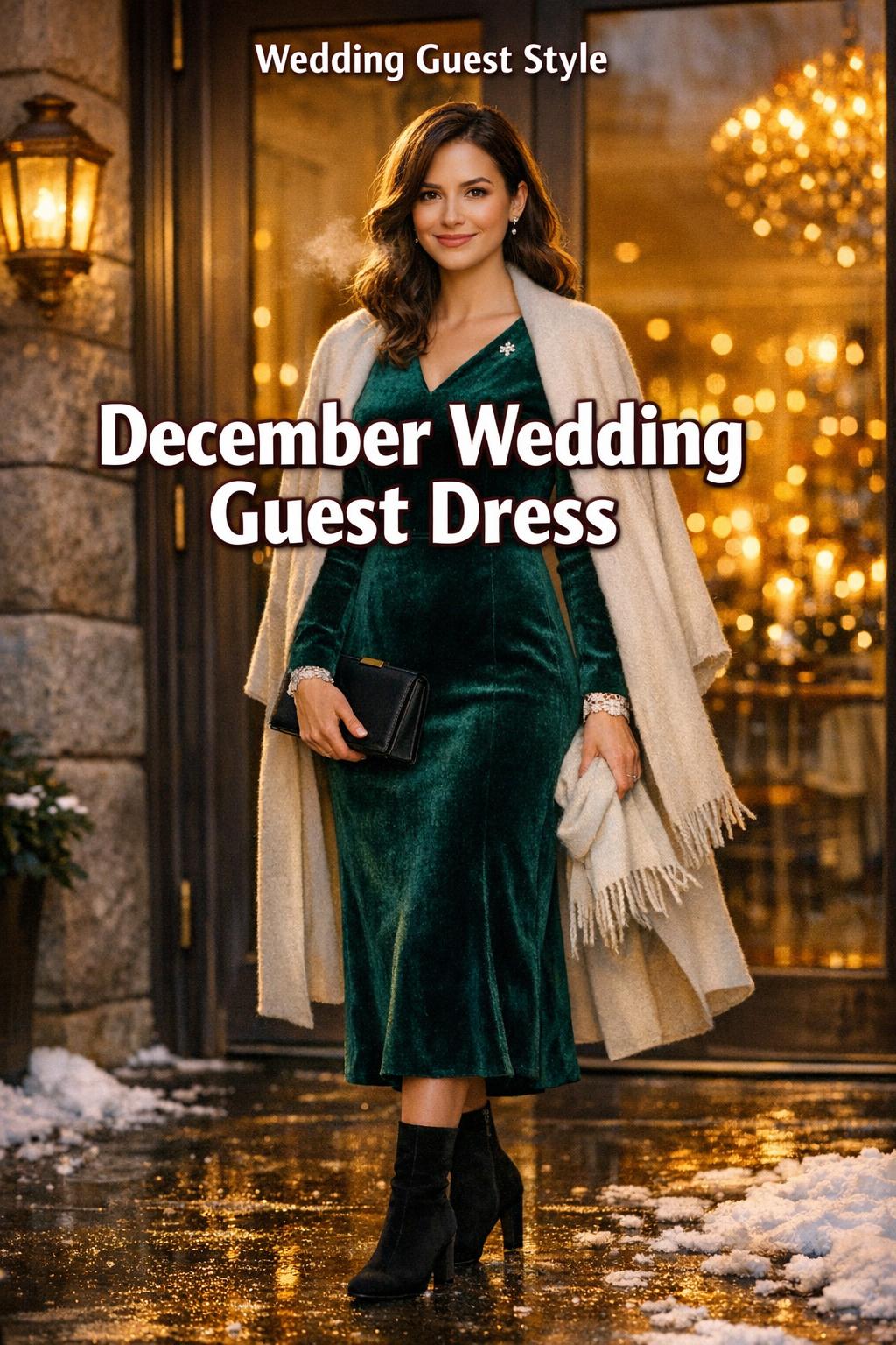 Elegant woman outside a hotel entrance at dusk wearing a jewel-tone velvet december wedding guest dress with warm candlelit bokeh