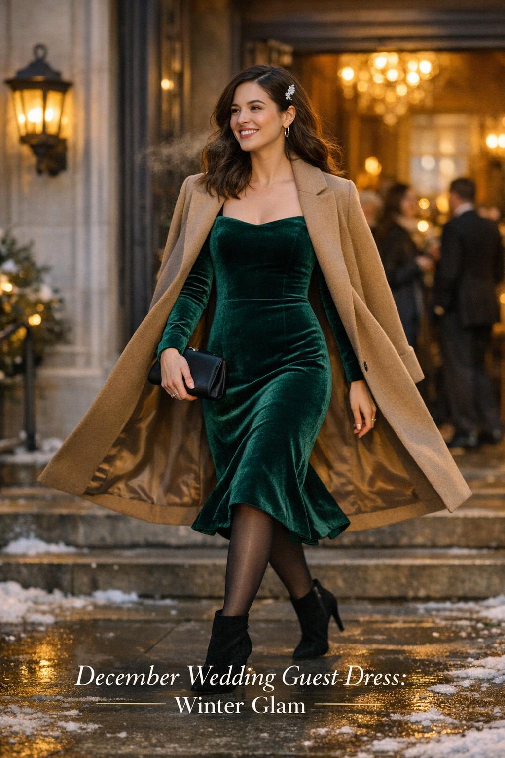 Stylish woman in a december wedding guest dress wearing jewel-tone velvet, stepping into a candlelit winter reception at dusk