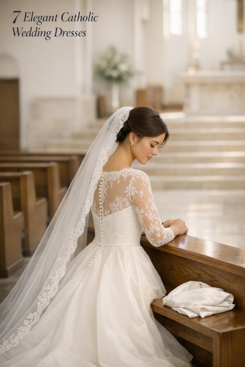 Bride kneeling in a bright church aisle wearing elegant catholic wedding dresses with lace sleeves and long veil