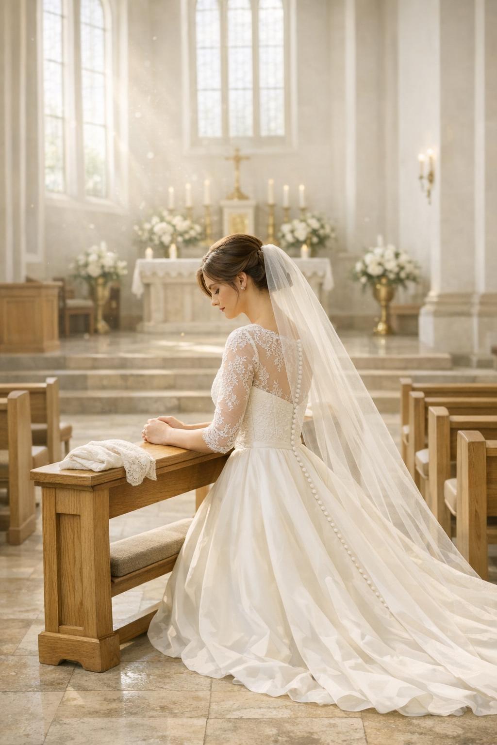 Bride kneeling in a sunlit church sanctuary wearing modest catholic wedding dresses with lace details and veil