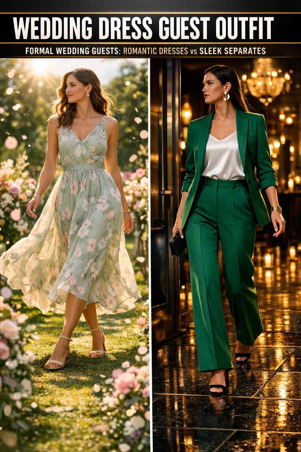 Elegant wedding dress guest outfit in a light pastel gown with classic accessories at a formal celebration