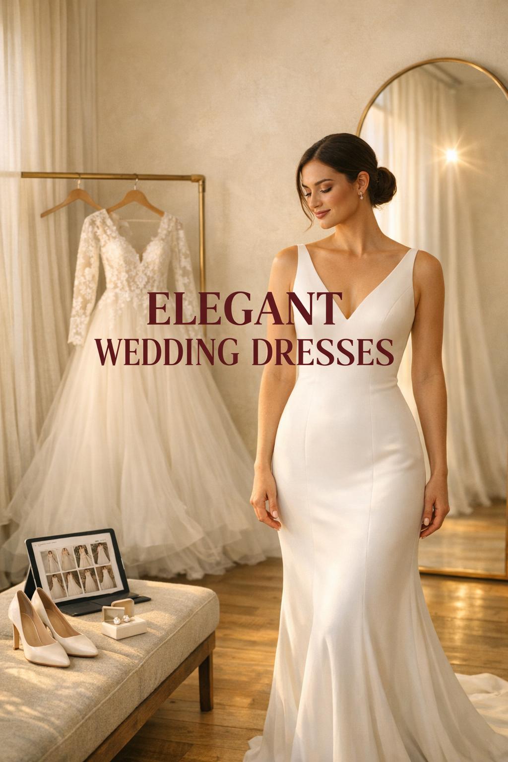Elegant wedding dresses in a sunlit bridal boutique fitting room, bride in satin gown beside mirror and hanging lace dress