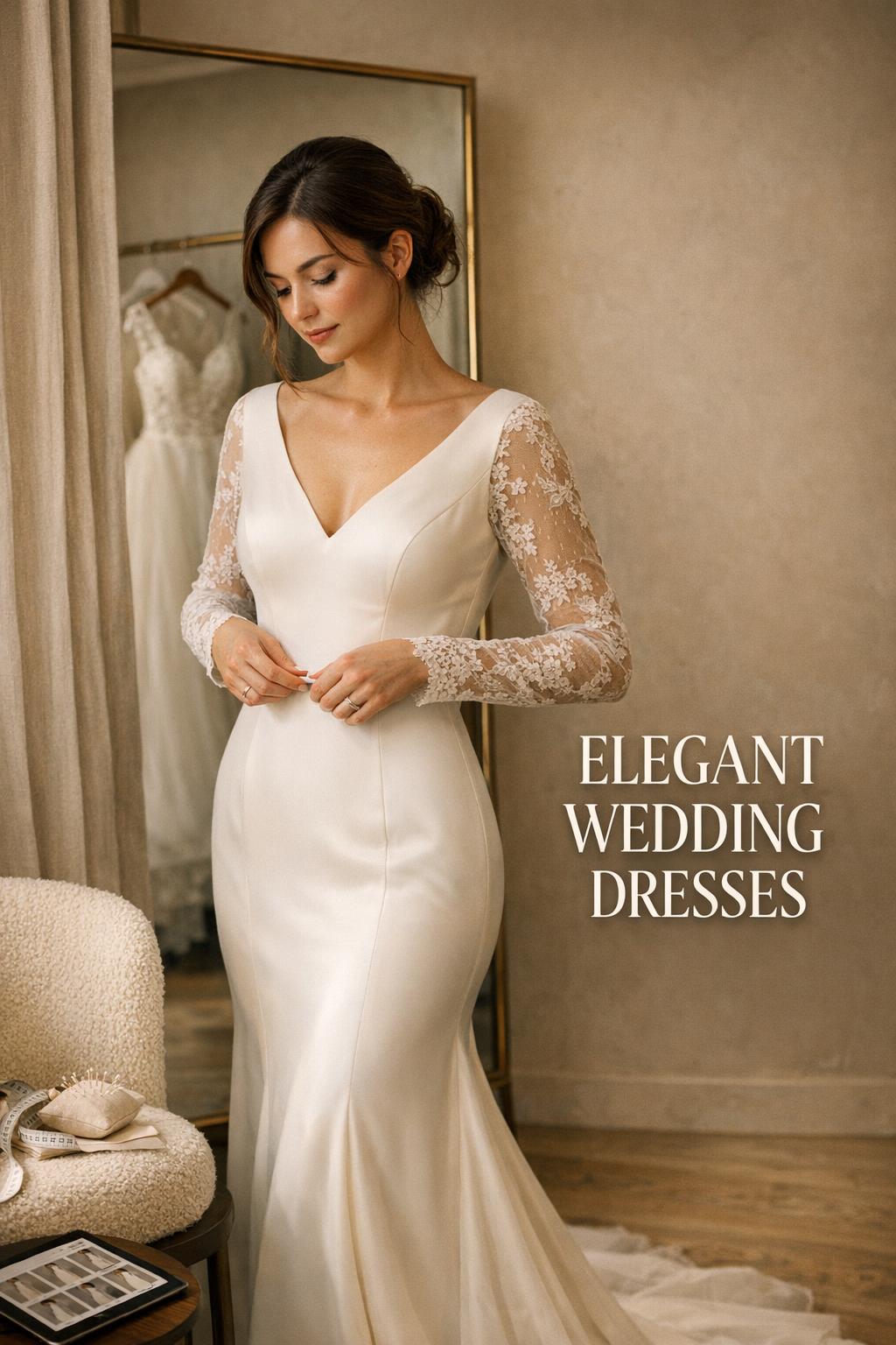 Bride adjusting satin gown in luxury fitting room with mirror, showcasing elegant wedding dresses in soft golden light