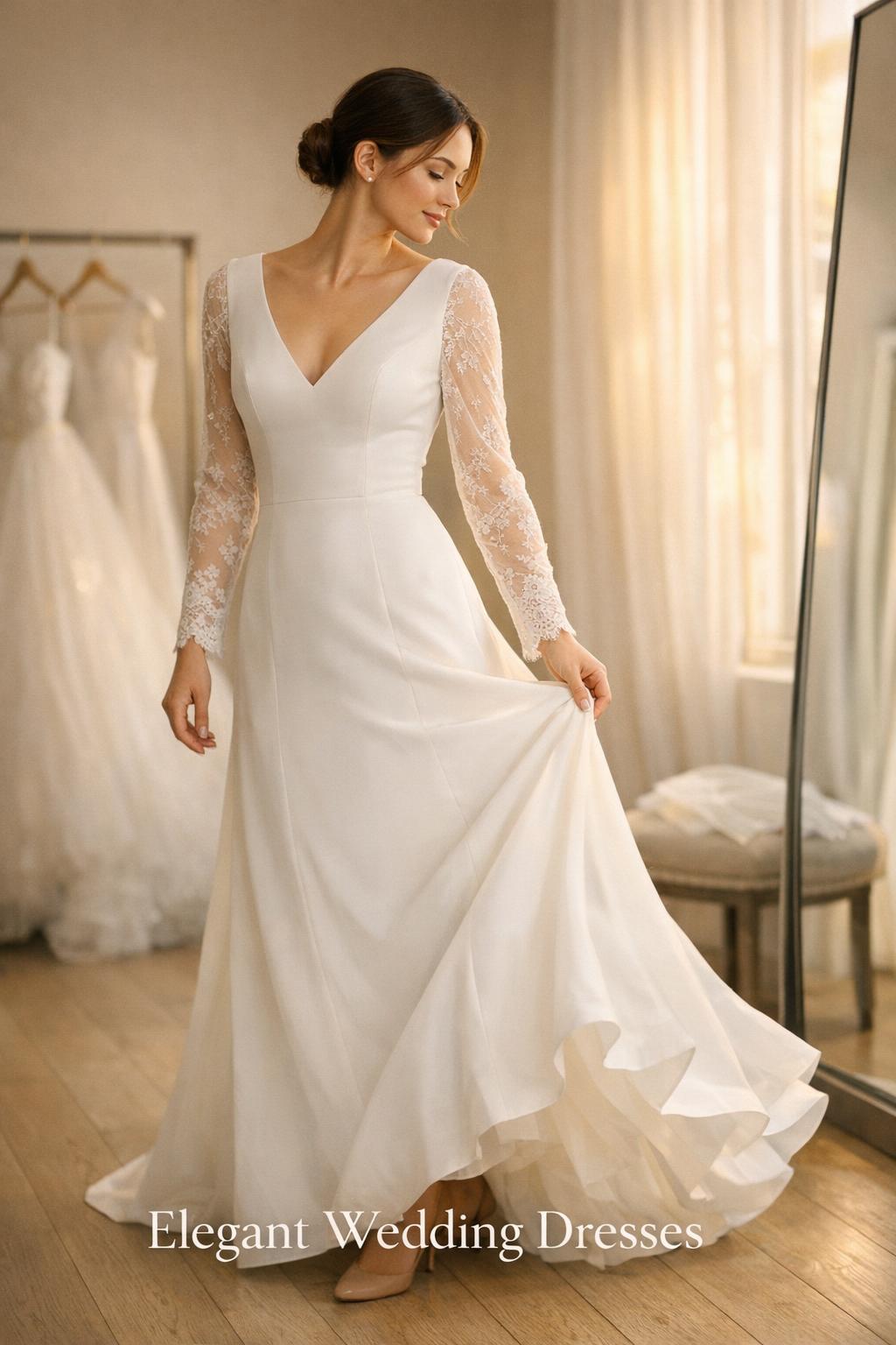 Bride in a boutique fitting room trying on elegant wedding dresses, turning toward a mirror in soft window light