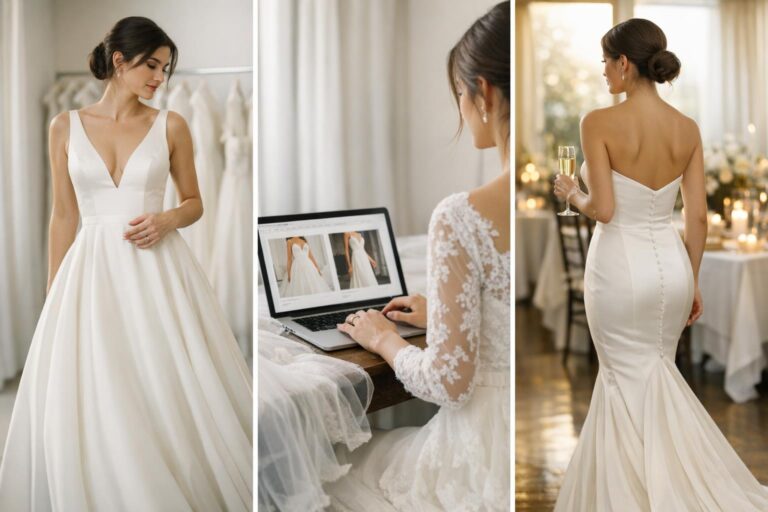 Elegant wedding dresses on a bride in a minimalist satin gown with clean lines and a long train in soft natural light