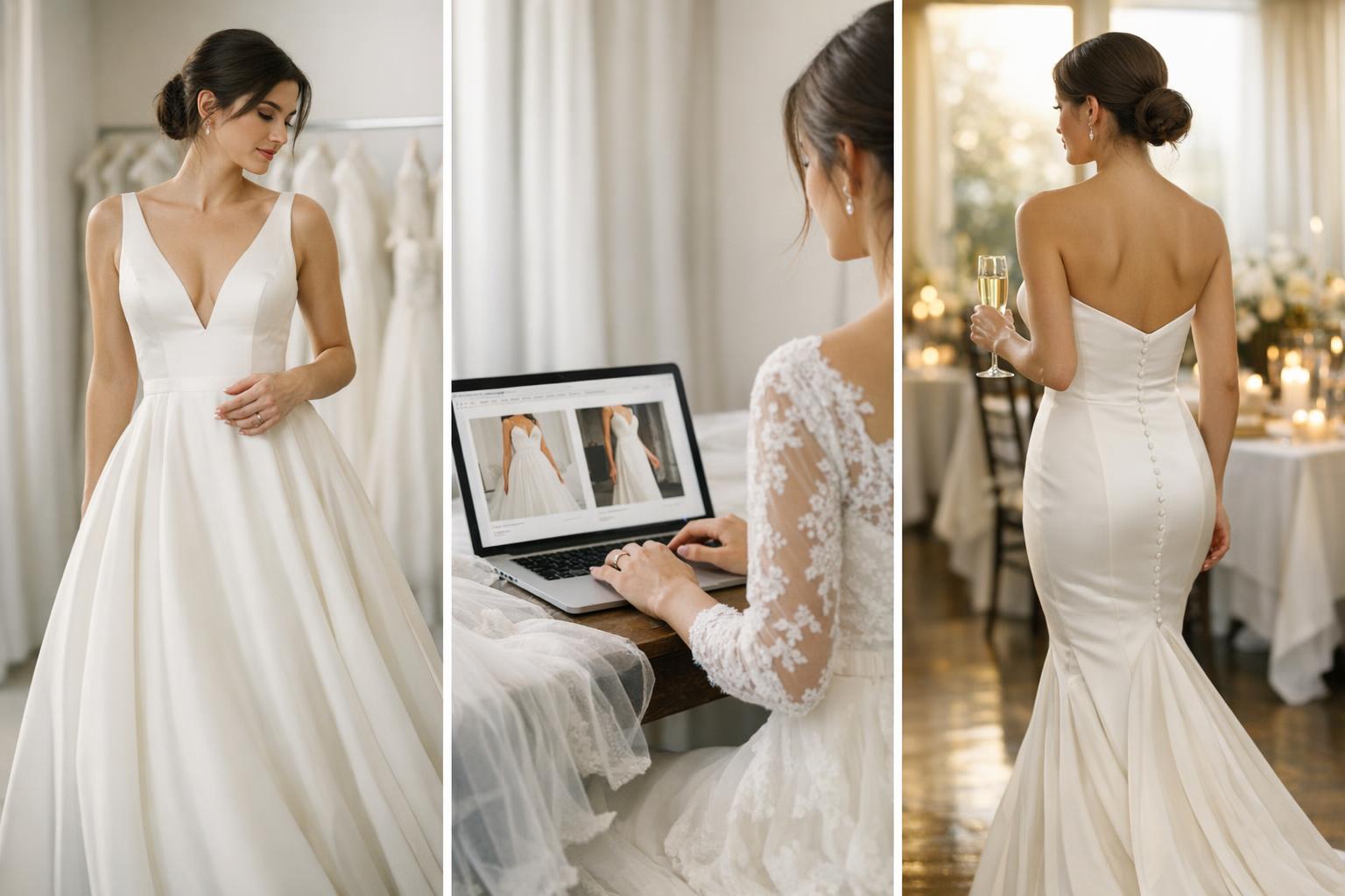 Elegant wedding dresses on a bride in a minimalist satin gown with clean lines and a long train in soft natural light
