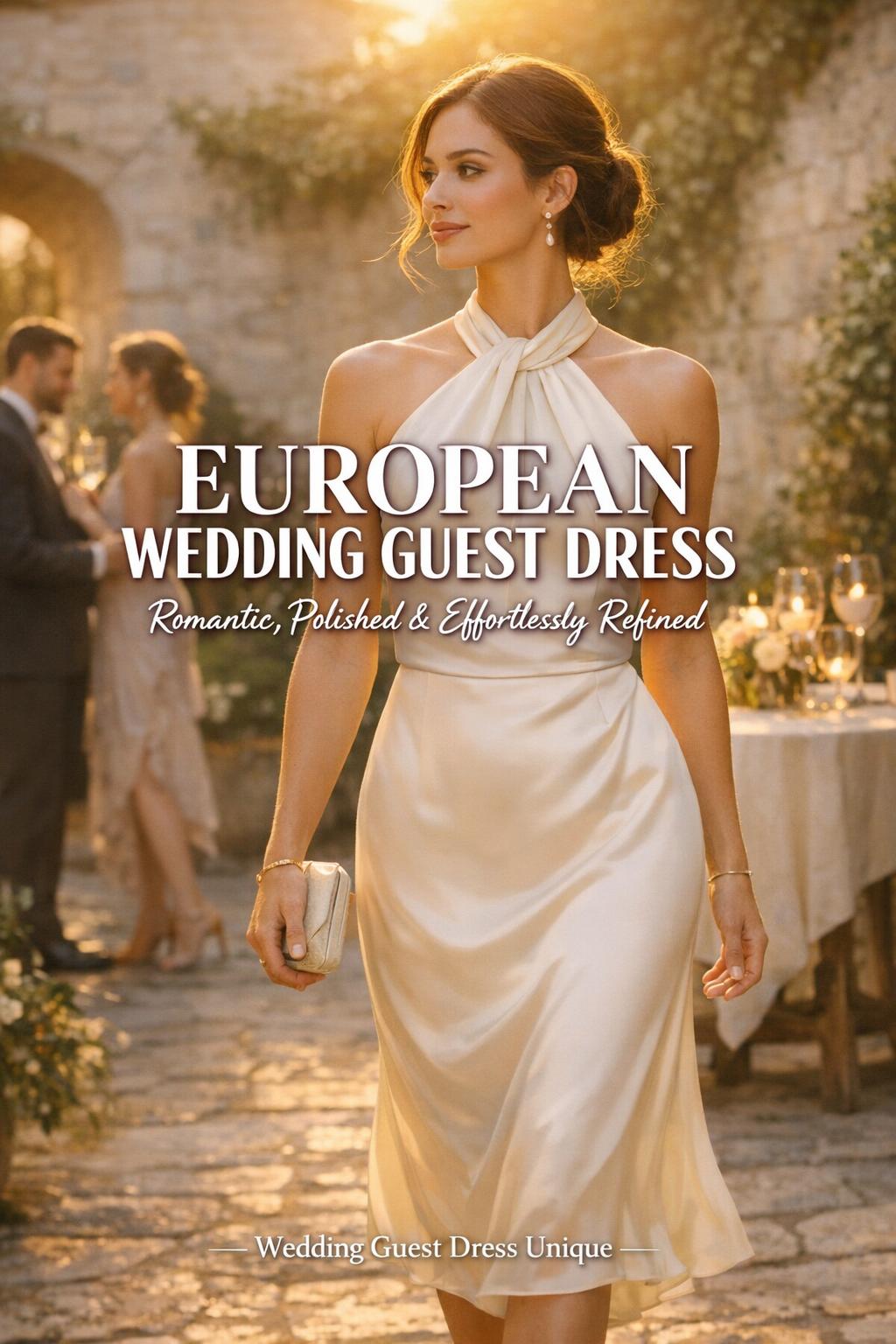 European wedding guest dress in champagne satin worn by stylish guest in sunlit stone courtyard with golden-hour cocktails