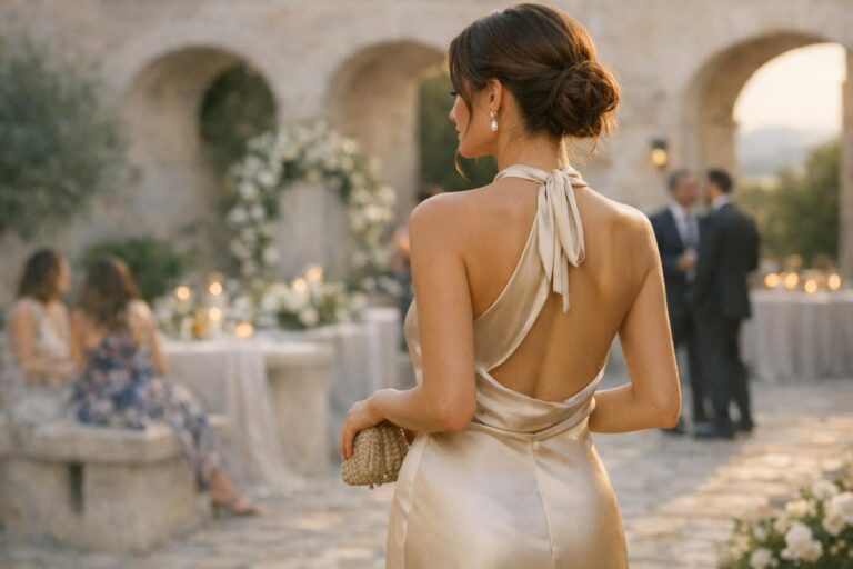 European wedding guest dress in floral chiffon maxi with halter neckline, styled for a sunlit courtyard ceremony