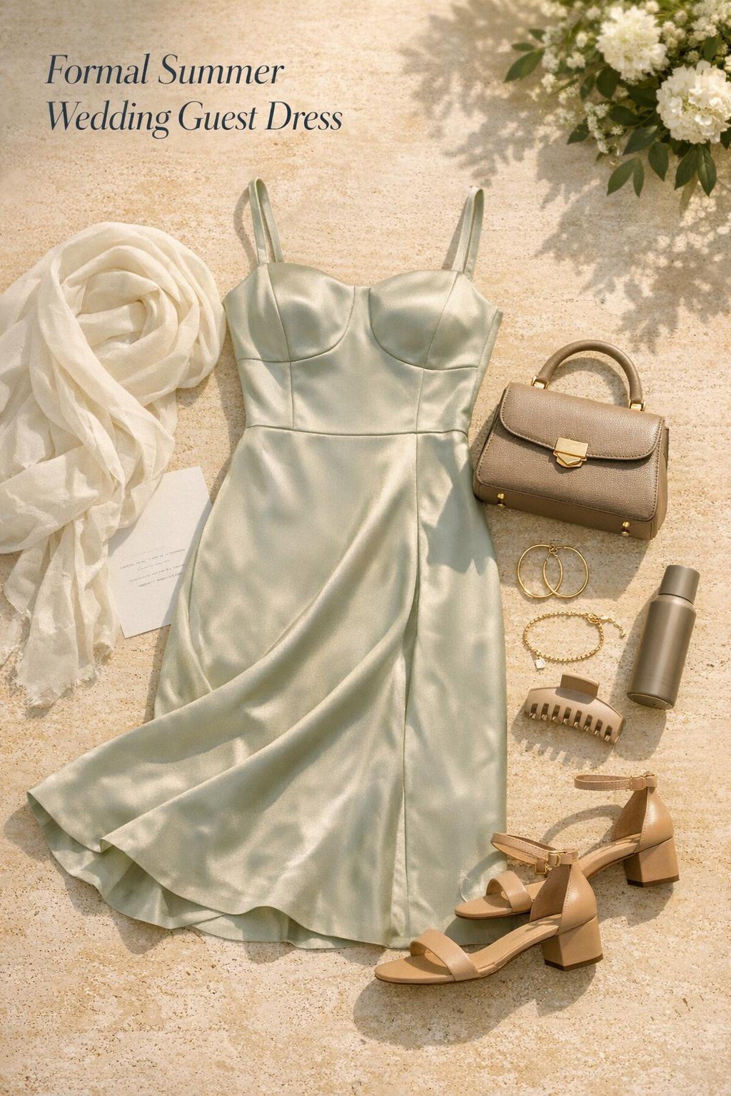 Formal summer wedding guest dress flatlay with champagne satin midi, nude block heels, taupe bag, and gold jewelry