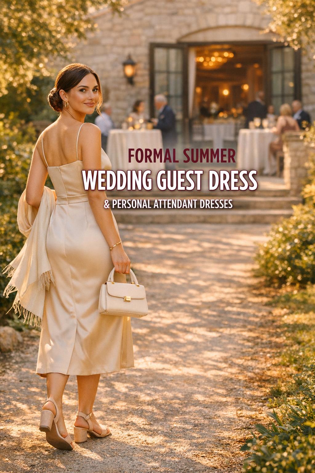 Woman in a formal summer wedding guest dress walking on a sunlit garden path, holding a wrap and top-handle bag