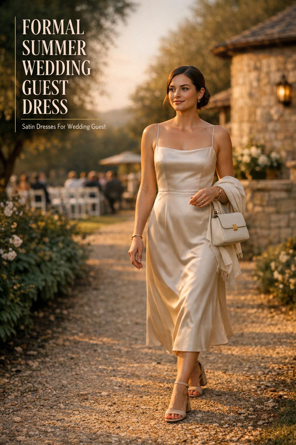 Formal summer wedding guest dress in satin, stylish woman walking on a golden-hour garden path to an outdoor ceremony