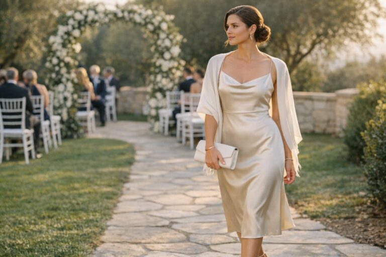 Formal summer wedding guest dress in satin midi style with minimal jewelry and heels for a polished warm-weather look