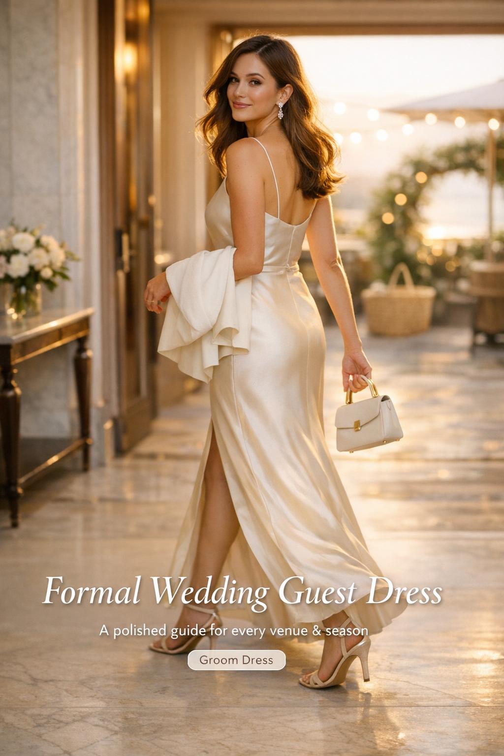 Formal wedding guest dress in navy satin, stylish woman walking in a golden-hour hotel corridor with elegant accessories
