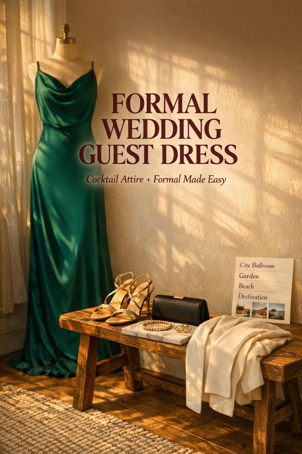 Formal wedding guest dress in a golden-hour minimalist bedroom with jewel-tone satin gown, heels, clutch, and jewelry