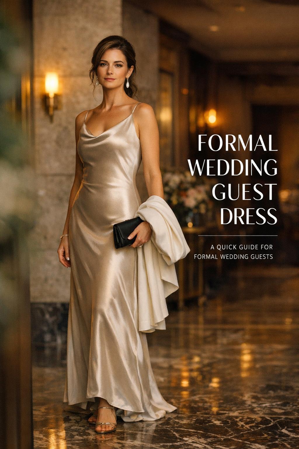 Formal wedding guest dress in satin gown, elegant guest in luxury hotel lobby with evening light and text overlay