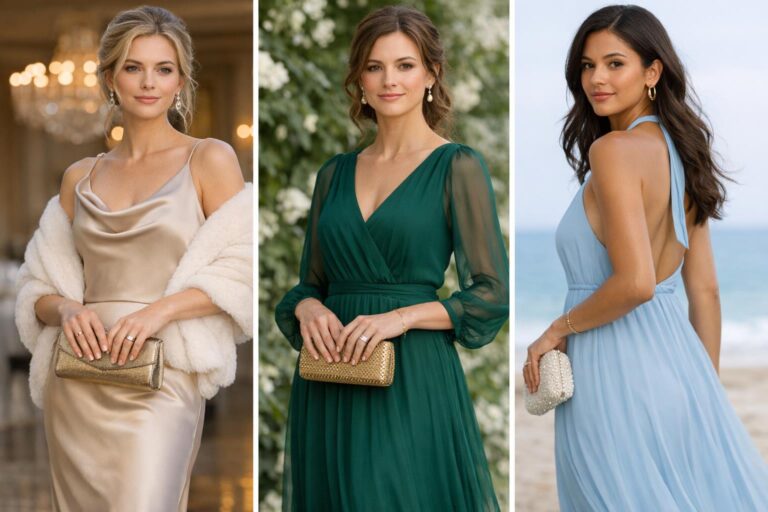 Formal wedding guest dress in satin maxi silhouette with elegant accessories, styled for a black-tie venue