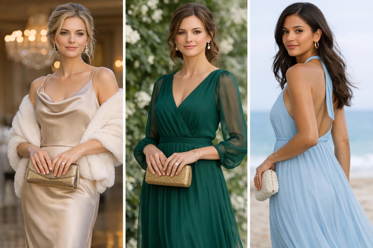 Formal wedding guest dress in satin maxi silhouette with elegant accessories, styled for a black-tie venue