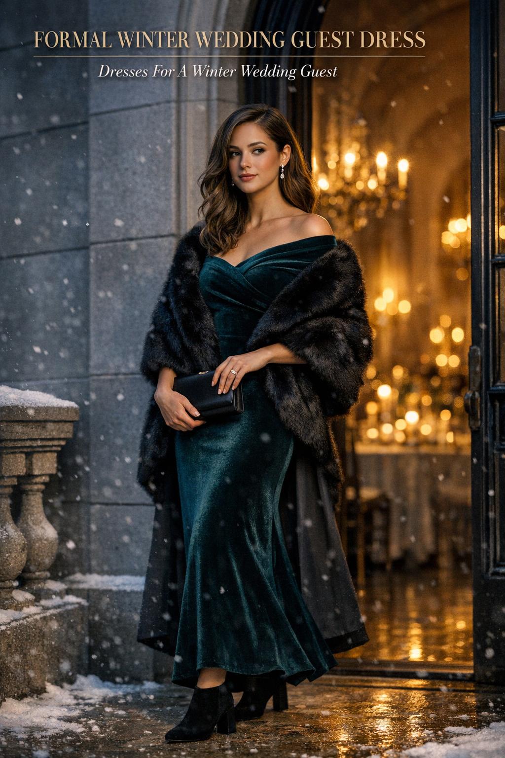 Formal winter wedding guest dress in emerald velvet with faux-fur stole by candlelit arched doors on a snowy evening