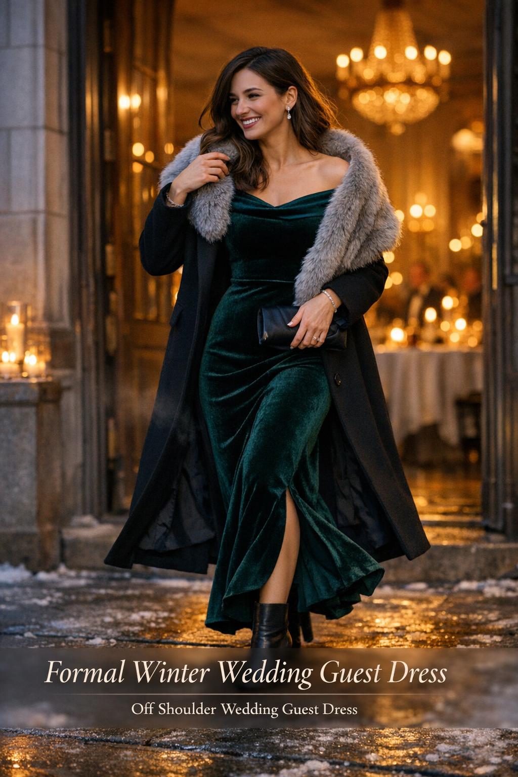 Formal winter wedding guest dress in emerald velvet, woman stepping from candlelit ballroom onto icy cobblestones at dusk