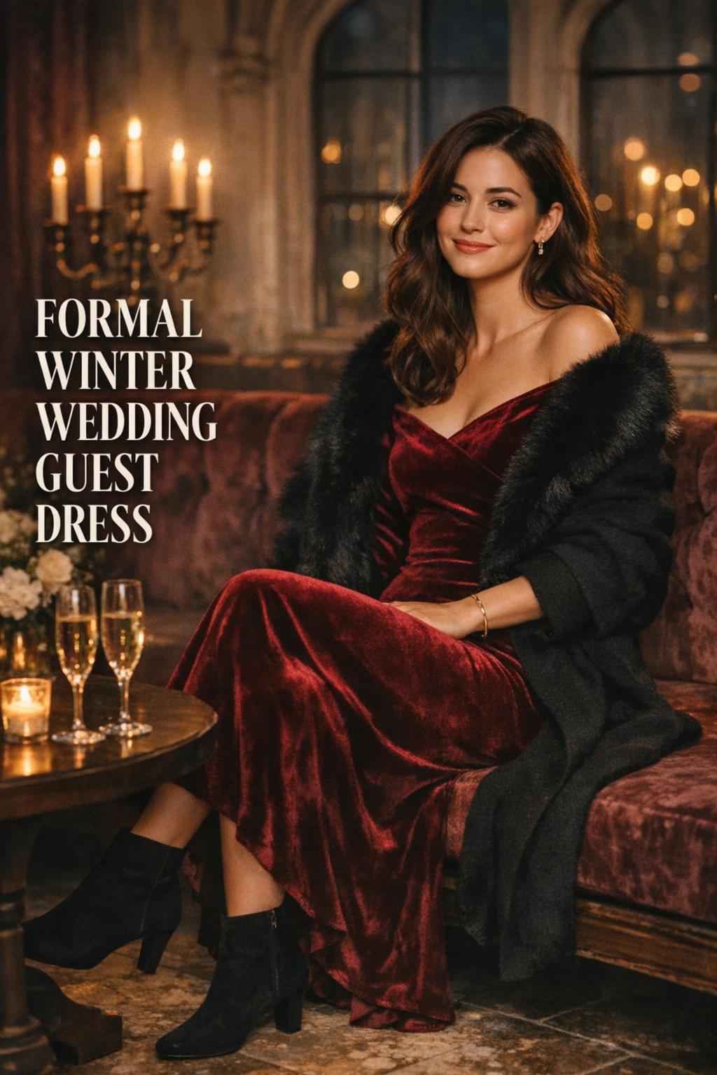 Formal winter wedding guest dress in rich red velvet with black coat, candlelit ballroom elegance and gold jewelry