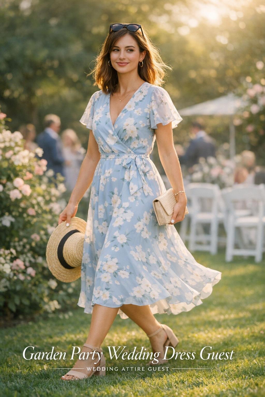 Garden party wedding dress guest walking on an estate lawn path in a botanical garden wedding at golden hour