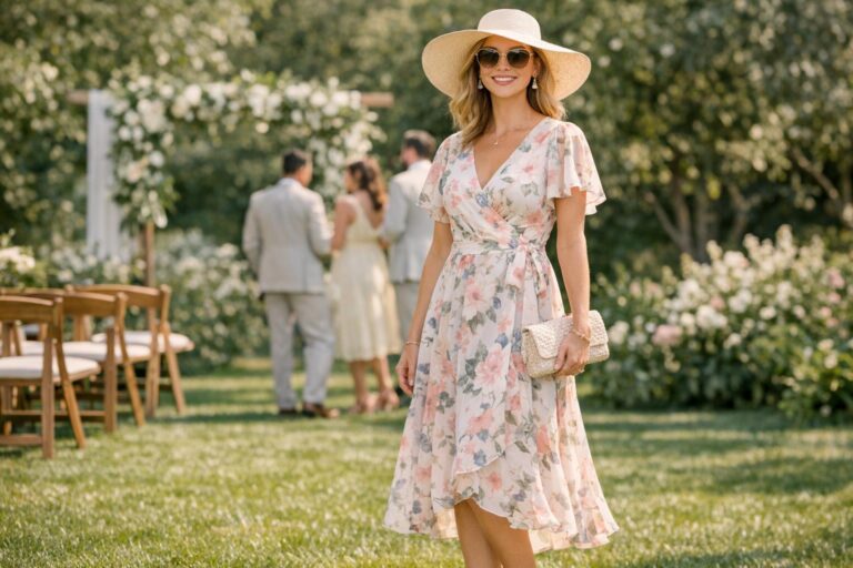 Garden party wedding dress guest in a floral midi dress walking on a grassy garden path with block heels and a clutch