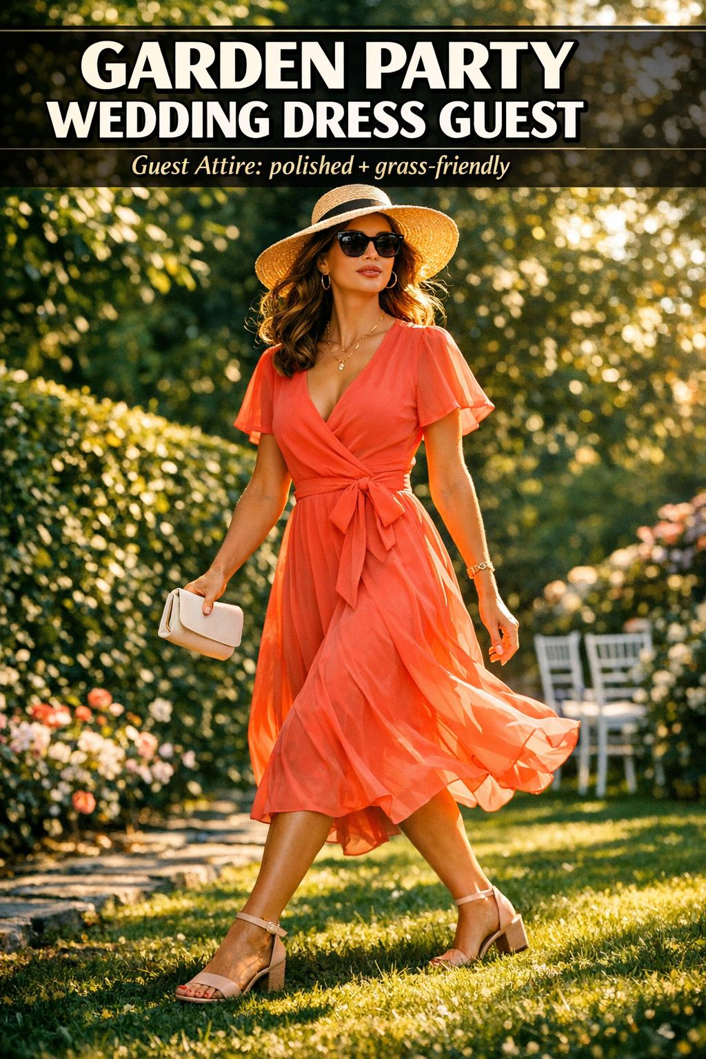 Garden party wedding dress guest in a floral midi dress strolling through a sunlit backyard reception