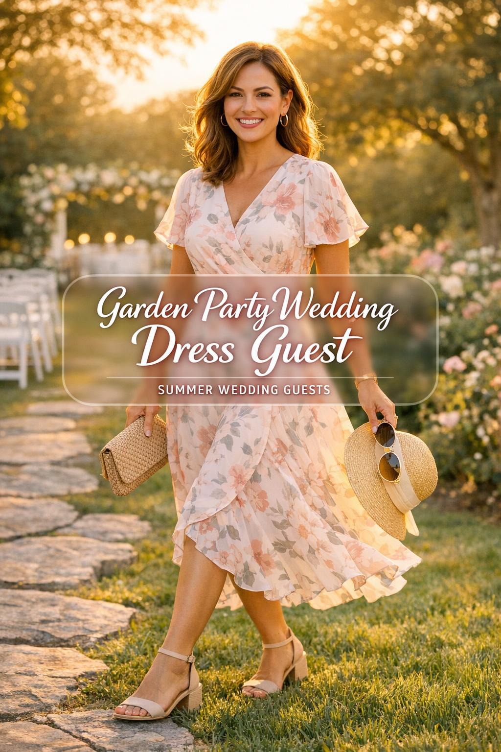 Garden party wedding dress guest arriving at outdoor botanical garden ceremony in pastel floral midi dress at golden hour