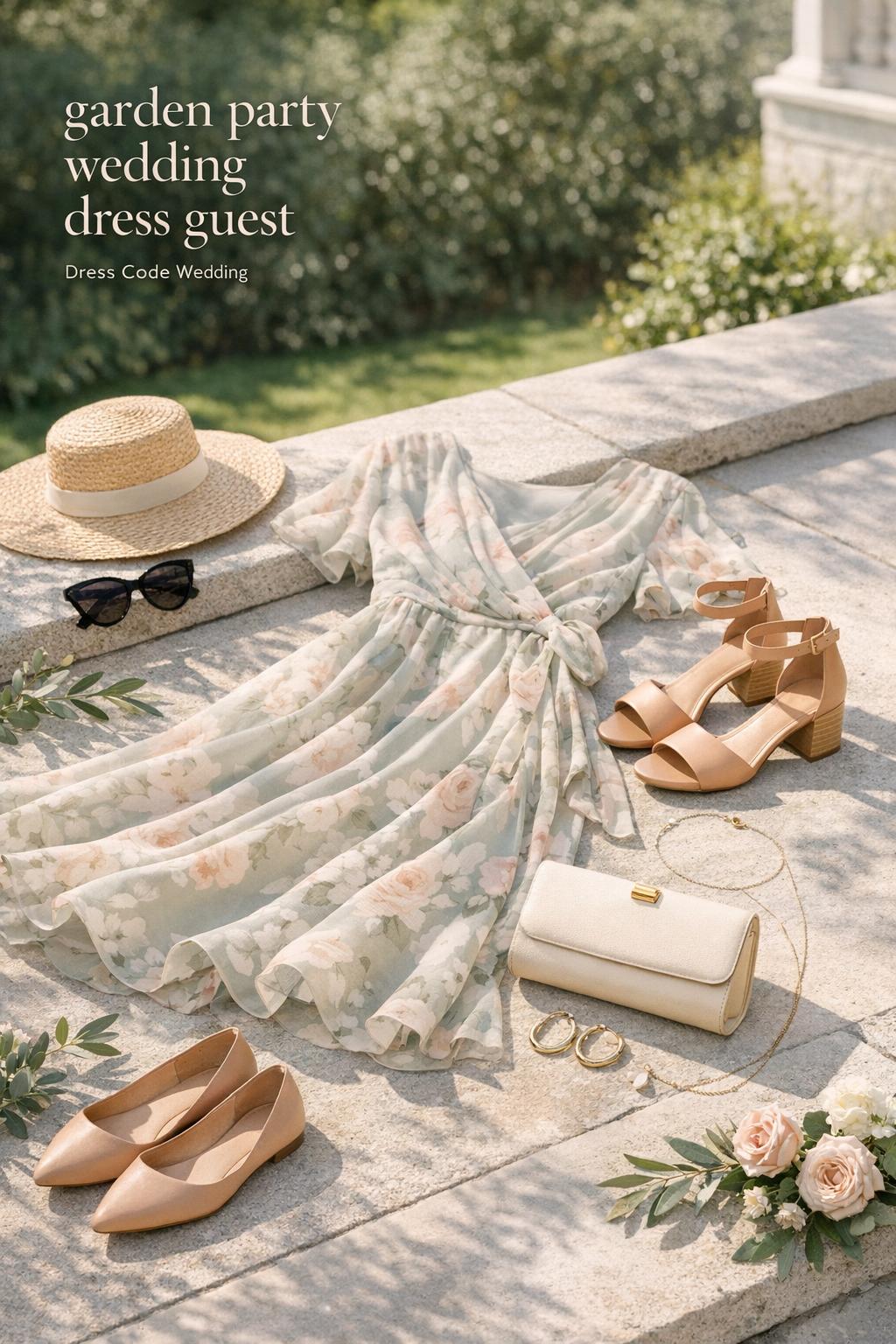 Garden party wedding dress guest outfit flat lay with blush floral midi dress, nude wedges, clutch, jewelry on stone terrace