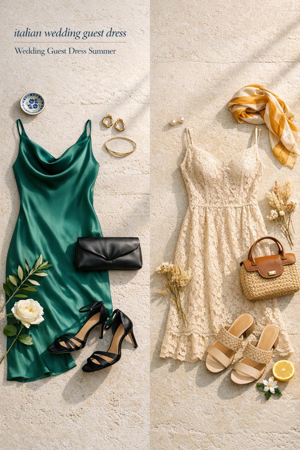 Italian wedding guest dress flat lay with two elegant summer outfits on travertine in soft window light