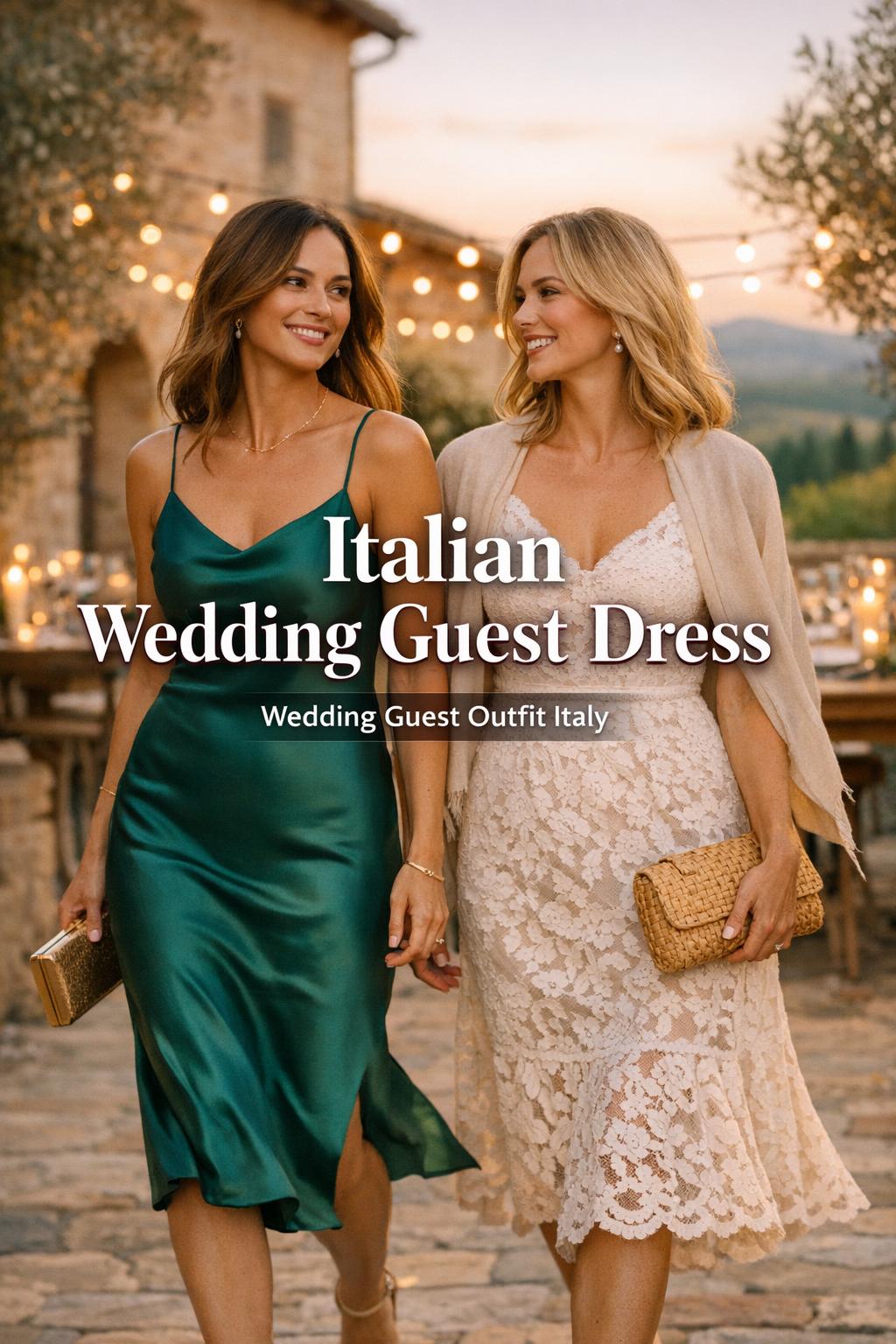 Italian wedding guest dress inspiration on two stylish women walking in a Tuscan villa courtyard at golden hour