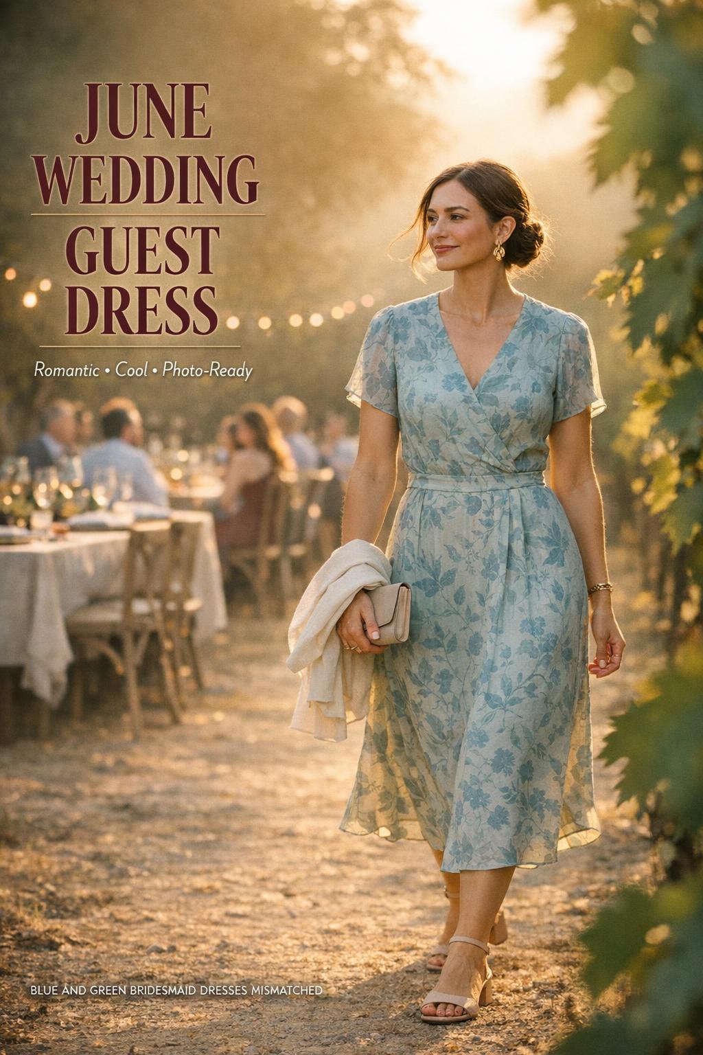 June wedding guest dress look in a blue-green botanical midi dress on a sunlit vineyard path at golden hour